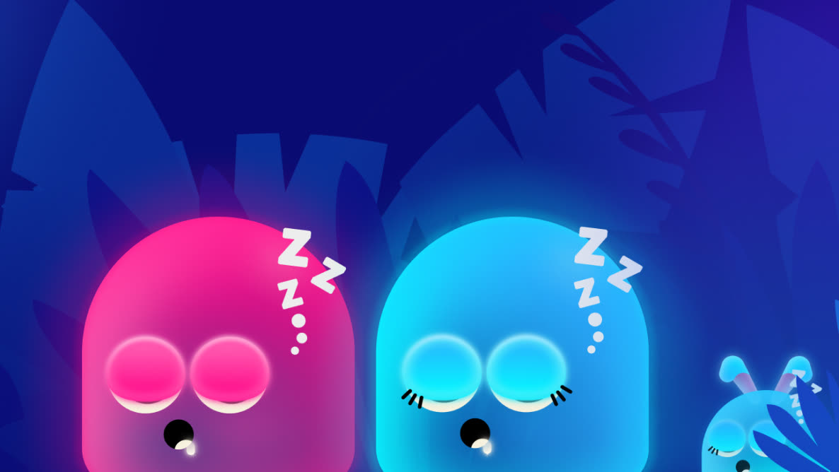 Two glowing sleeping characters in a dark jungle