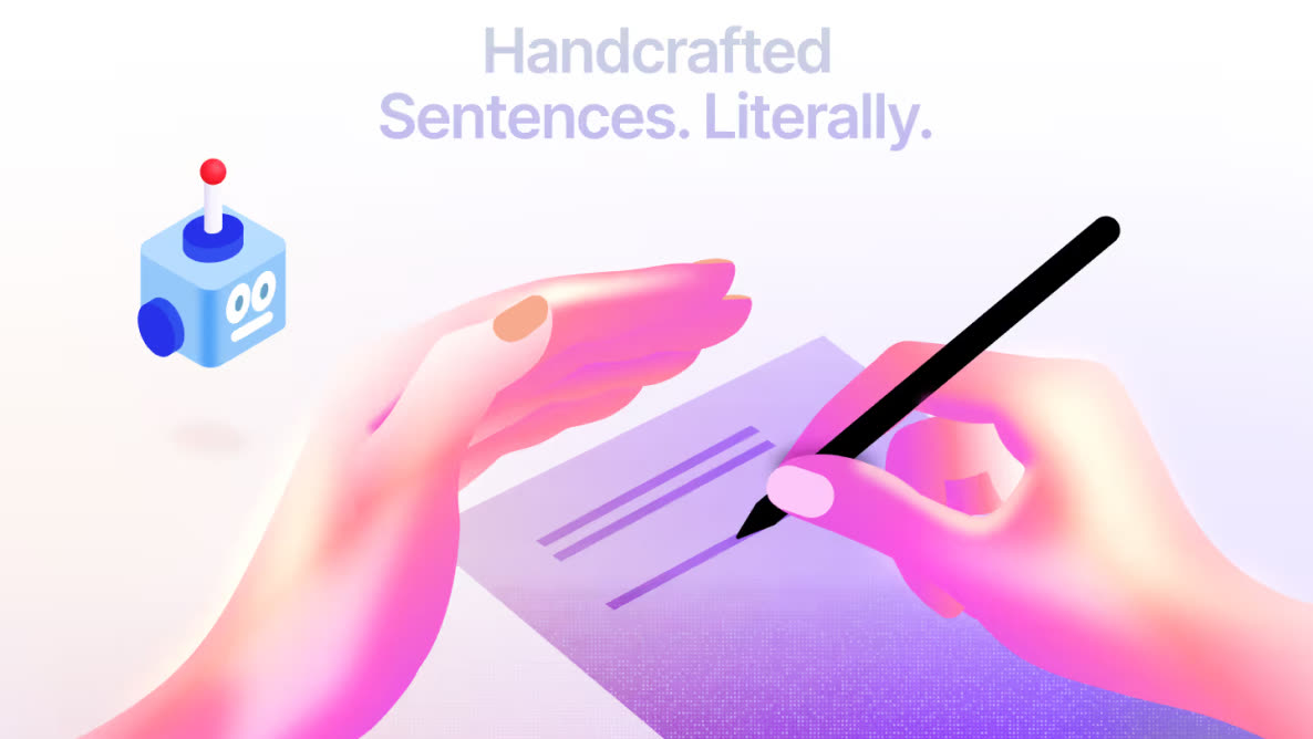 Illustrated hands writing with a pen beside a small robot