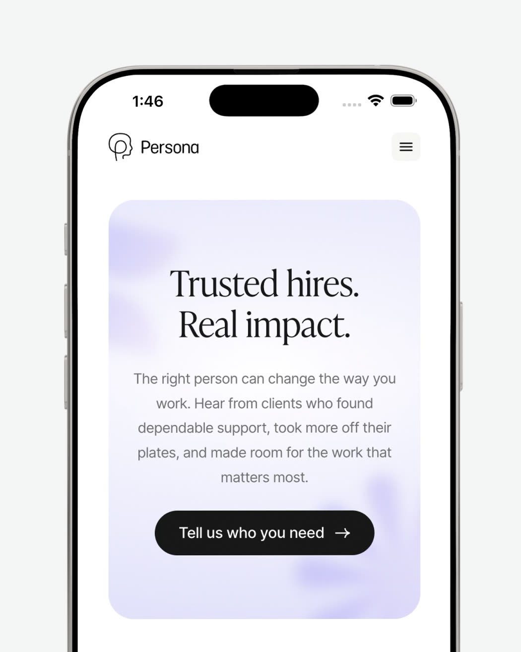 Persona mobile site: “Trusted hires. Real impact.”