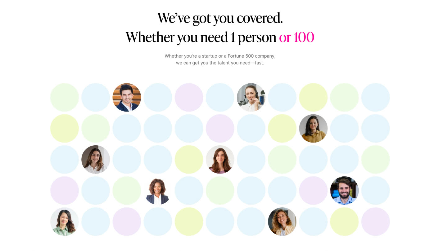 “We’ve got you covered. Whether you need 1 person or 100” above a grid of talent portraits