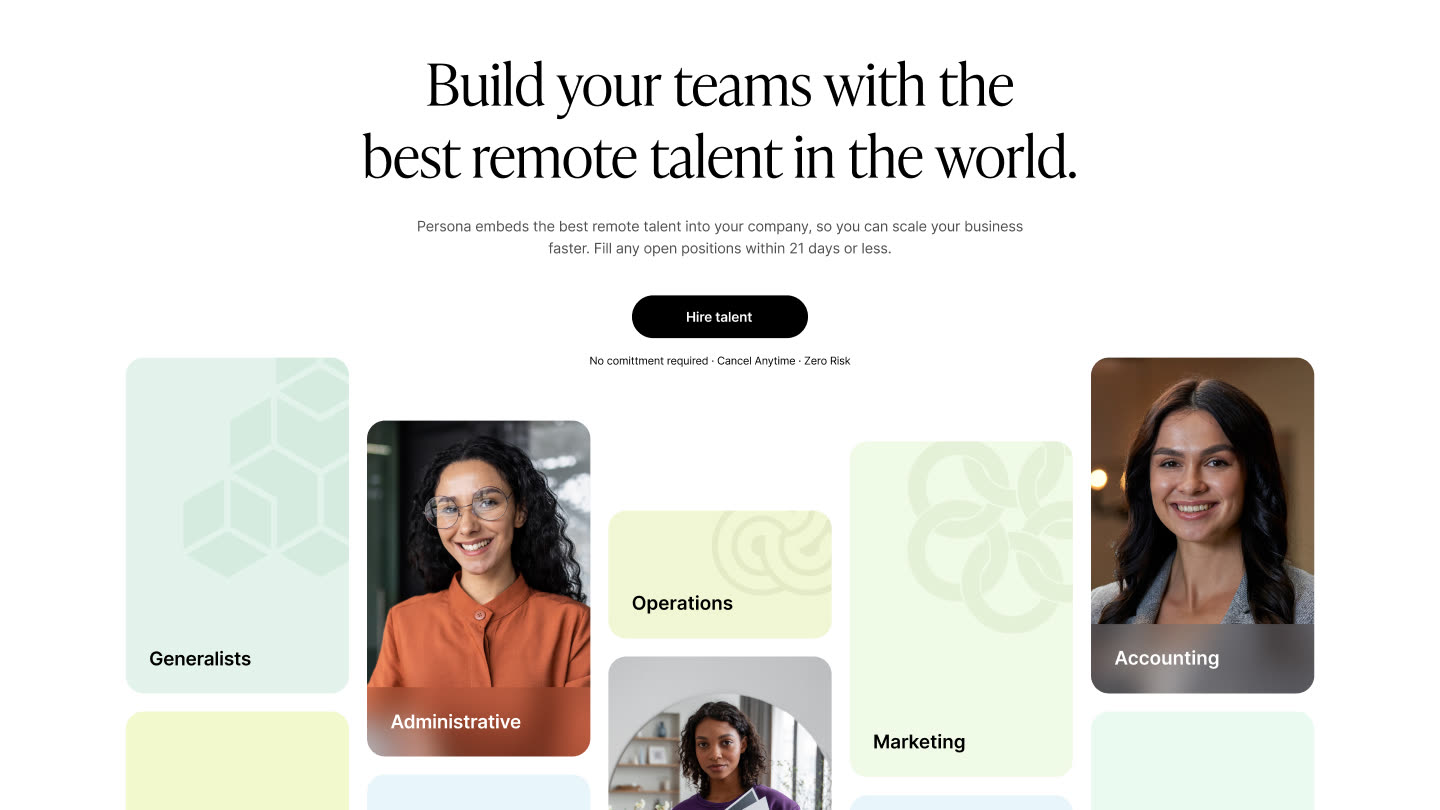 Persona homepage hero: “Build your teams with the best remote talent in the world.”
